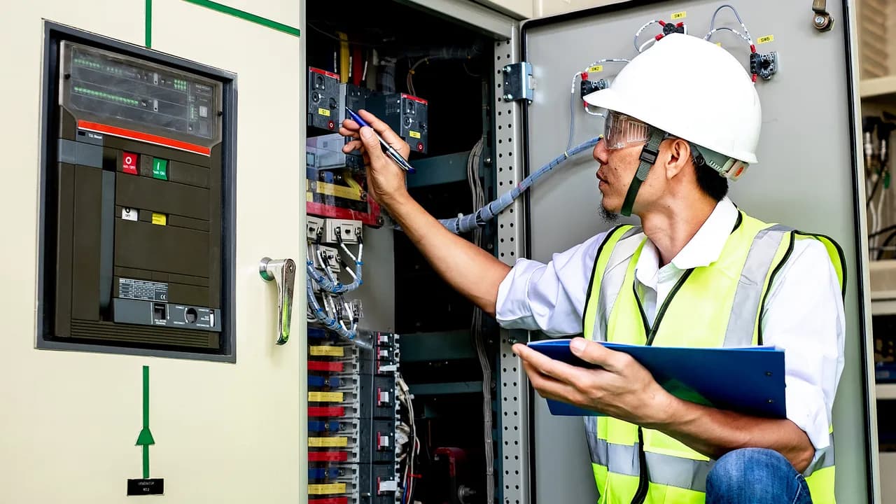 Elektrotechniker mit Schutzhelm und Warnweste prüft eine Schaltanlage – Symbolbild für Outplacement in der Elektrotechnik