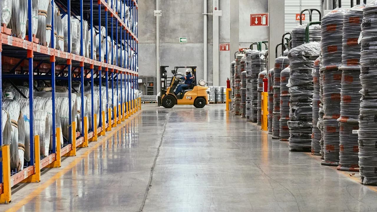 Gabelstapler in einer Lagerhalle mit Hochregallager – Symbolbild für Outplacement in Logistik und Transport
