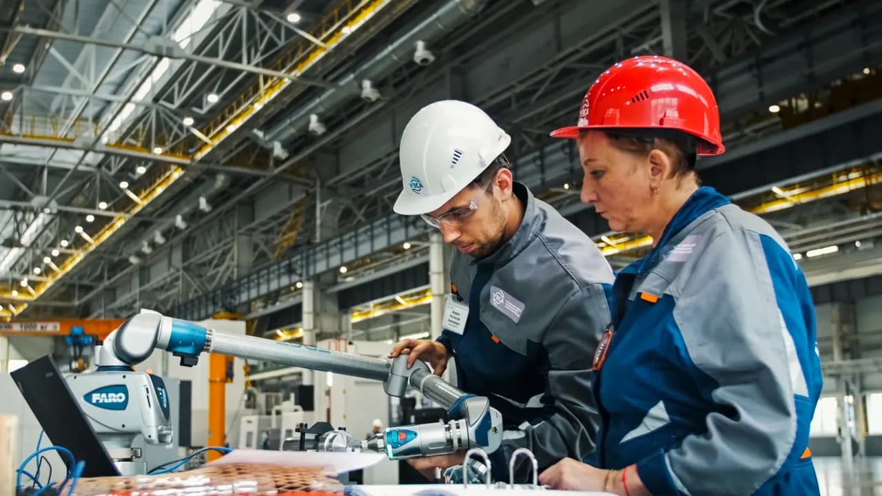 Zwei Industriemitarbeitende mit Schutzhelmen prüfen ein Bauteil in einer Maschinenbau-Fertigung – Symbolbild für Outplacement im Maschinen- und Anlagenbau